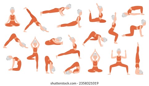 Set of poses elderly woman yoga. Yoga asana. Full body yoga workout. Healthy lifestyle. Flat cartoon character. Vector illustration