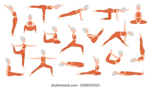 Set of poses elderly woman yoga. Yoga asana. Full body yoga workout. Healthy lifestyle. Flat cartoon character. Vector illustration
