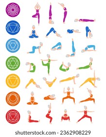 Set of poses elderly woman yoga. Chakra Yoga asana. Chakra systems of human body. Healthy lifestyle. Flat cartoon character. Vector illustration