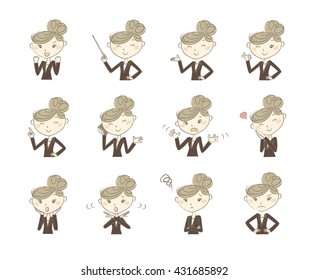 Set of poses and emotions, business women in suits