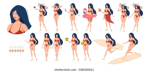 A Set Of Poses And Emotions Of A Girl In A Bikini. Beach Vibe. Vector.