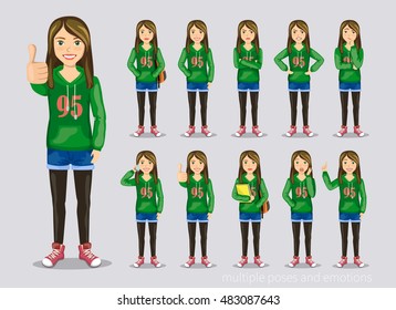Set of poses and emotions. Teenage girl in a stylish dress