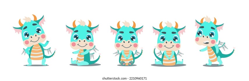  set of poses of a fabulous green dragon. The dragon goes, stands and sits. Vector illustration for designs, prints, greeting cards and patterns. Cute fantastic symbol baby dragon 2024