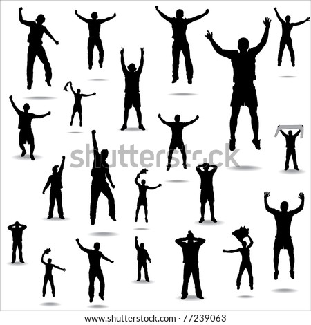 Set of poses from fans for sports championships and music concerts.