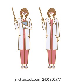 A set of poses of a female doctor wearing a white coat and glasses pointing at an instruction stick (full body)