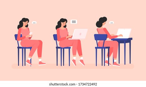 Set of poses freelancer girls with gadgets. Sitting on chairs. Mobile phone in hands, laptop on his lap and on the table. Colorful vector illustration in flat style.