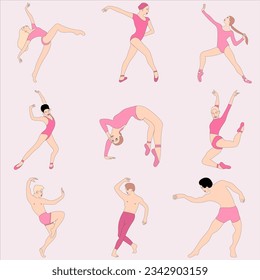 A set of poses of male and female ballet dancers