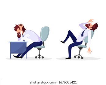 Set with poses of office worker, employee who has psychological problems. Bearded man in formal suit suffering at workplace. Inner, mental conflict, rejection of situation. Cartoon vector on white.