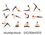 Set of poses woman yoga. Collection of female cartoon yoga positions isolated on white background. Full body yoga workout, eps 10