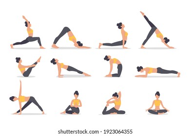 Set of poses woman yoga. Collection of female cartoon yoga positions isolated on white background. Full body yoga workout, eps 10