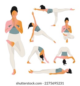 Set of poses woman yoga. Female cartoon yoga positions isolated on white background. Girl doing sports, yoga, pilates, fitness. Flat illustration of full body yoga workout. Woman activities