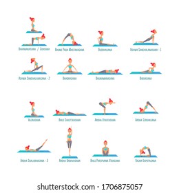 Juego de postes asanas de chicas de yoga. Ilustración de vectores sobre fondo blanco aislado