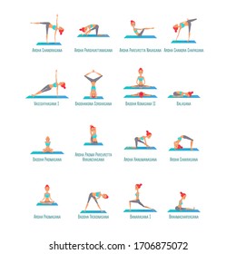 Set of poses yoga girls asanas. Vector illustration on isolated white background