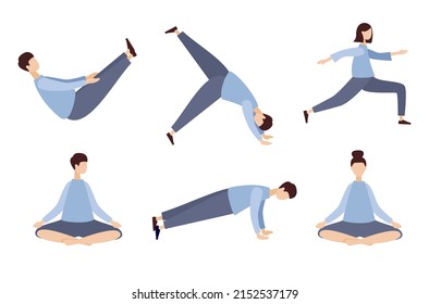 Set of poses yoga. People doing yoga and fitness exercises. Workout concept. Healthy lifestyle. Vector flat illustration 