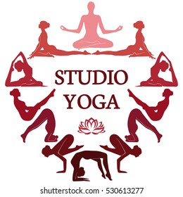 Set of poses yoga with women. Isolated vector illustration. Poster for studio of yoga. 