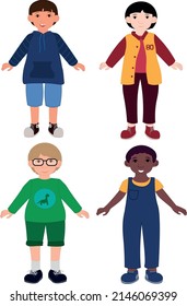 Juego de niños posando de diferentes razas
Ilustración vectorial de niños varones aislados en fondo blanco 