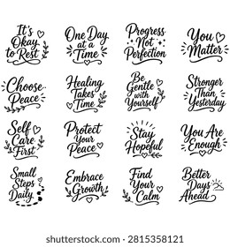 Set of positive affirmations and motivational quotes in elegant script calligraphy for self-care and growth.