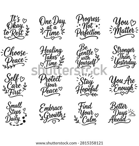 Set of positive affirmations and motivational quotes in elegant script calligraphy for self-care and growth.