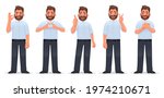 Set of positive and approving gestures. Happy man shows a gesture of gratitude, okay, cool, heart and victory. Vector illustration in cartoon style