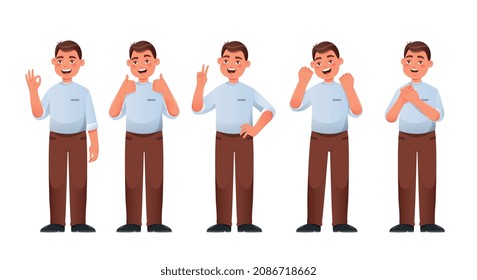 Set of positive and approving gestures. Smiling man shows signs ok, heart, peace, cool and victory. Cute male character in office clothes. Cartoon flat vector collection isolated on white background