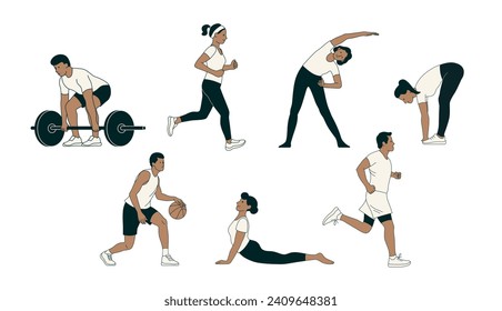 Set of positive cartoon characters  people doing sports. Healthy and active lifestyle illustrations isolated on white. Time for fitness. Smiling man and woman doing morning exercises and yoga. Vector.