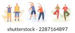 Set of positive cartoon characters of senior people doing sports together. Healthy and active lifestyle for old people. Time for fitness. Smiling grandparents doing morning exercises and yoga. Vector
