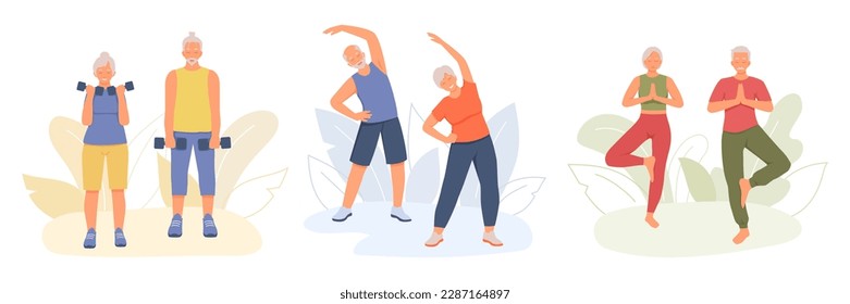 Set of positive cartoon characters of senior people doing sports together. Healthy and active lifestyle for old people. Time for fitness. Smiling grandparents doing morning exercises and yoga. Vector