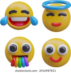 Set of positive emoticons in good mood. Funny faces on white background. Laughter from happiness, holy innocence, rainbow from mouth, joy. Realistic color models with highlights and shadows