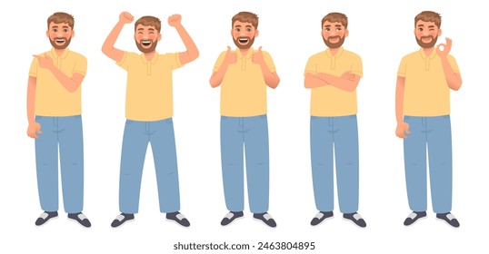 Conjunto de emociones positivas y gestos de Aprobación. Un hombre feliz sueña y se alegra. Ilustración vectorial en estilo de dibujos animados