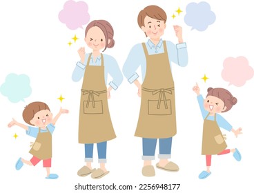 Set of positive expressions for a family of four in an apron