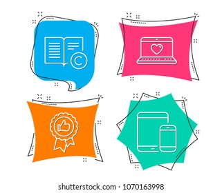 Set of Positive feedback, Web love and Ð¡opyright icons. Mobile devices sign. Award medal, Social network, Copywriting book. Smartphone with tablet.  Flat geometric colored tags. Vivid banners