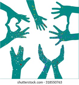 a set of positive gestures, decorative silhouettes of hands with texture