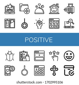 Set of positive icons. Such as Feedback, Check, Add, Neutral, Review, Motivation, Smile, Check in, Quality, Tick, Loyalty, Rating, Cross, Ok, Checked box , positive icons