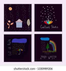 Set of positive illustrations. Star rain falls umbrella rainbow house cute Hand written primitive small sign. Hand drawn postcard. Kids drawing. Vector
