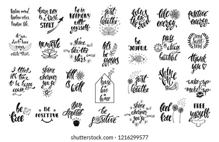 Set of positive inspirational quotes with sketch elements. Modern calligraphy hand drawn phrases. Vector lettering for print, tshirt, poster. Typographic design.