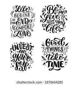 Set of positive lettering in vector graphics on a white background. For the design of postcards, posters, banners, notebook covers, prints for t-shirts, mugs, pillows.