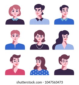 Set of positive men and women avatar icons. Vector illustration of flat design people characters. Business and casual clothes 