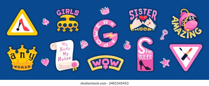 Set of positive and motivating stickers for girls in a trendy cartoon style. Collection of modern patches and stickers with phrases, words and slogans. Vector art