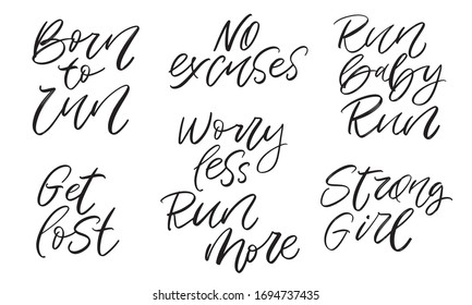 Set of positive motivational handwritten vector running quotes. Collection of black and white inspirational phrases and slogans about sport, marathon, jogging. For card, print, social media or clothes