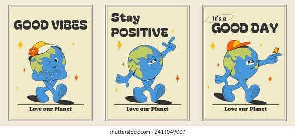 A set of positive posters, cards, covers, prints, stickers with motivational quotes for the Earth Day holiday. Cute, funny cartoon character planet. Vector illustration in retro style of the 60s-70s.
