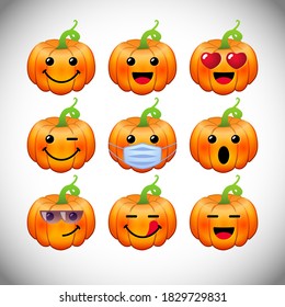 Set of positive pumpkin emoticons. Bright characters, 3D orange and yellow faces. Decorative web icons. Isolated abstract graphic design template. Online emoji collection. Autumn 2020 2021 19 congrats