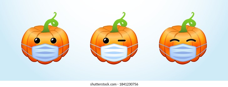 Set of positive pumpkin emoticons. Creative 3D characters. Lock down cute symbols. Decorative web icons. Isolated abstract graphic design template. Online emoji collection. Autumn 2020, 2021 congrats.