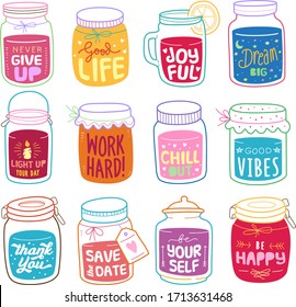 Set of positive quote in jar vector illustration element. Various types of hand-drawn positive quote in jar in colors.