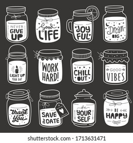 Set of positive quote in jar vector doodle element. Various types of hand-drawn positive quote in jar in chalkboard illustration style