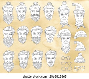 Set with positive senior man head wearing Santa Claus hat. Portaits of cool handsome smiling hipster. Vector illustration with Christmas and New Year concept