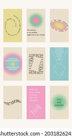 Set of positive social media quotes, motivation posters on trendy abstract background in neutral colors.