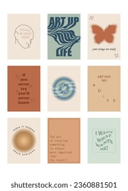 Set of positive social media quotes, motivation posters on trendy abstract background in neutral colors, vector illustration