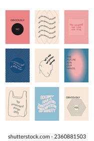 Set of positive social media quotes, motivation posters on trendy abstract background in neutral colors, vector illustration