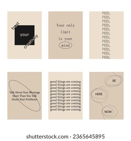 Set of positive social media quotes, motivation posters on trendy abstract background in neutral colors, vector illustration