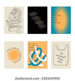 Set of positive social media quotes, motivation posters on trendy abstract background in neutral colors, vector illustration